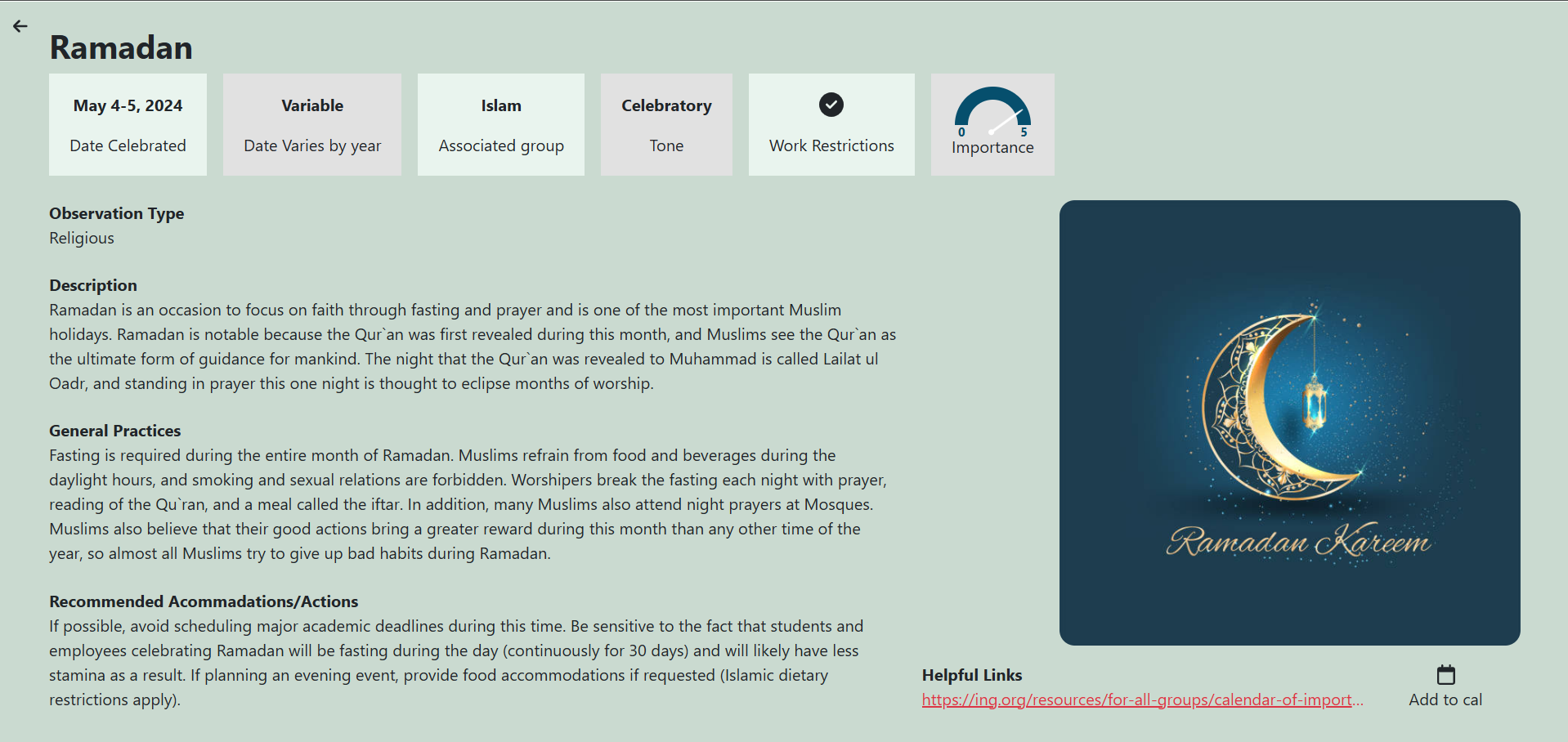 Ramadan Holiday Information